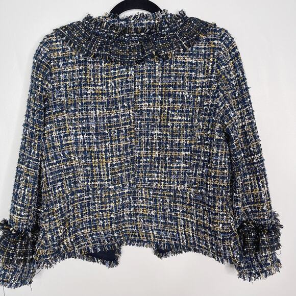 New Ann Taylor 4 Blue Black Ruffle Tweed Peplum Jacket Blazer Hook Eye Front - Picture 2 of 14